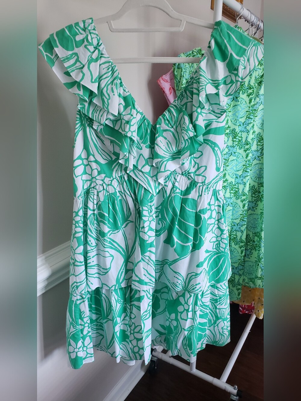Lilly Pulitzer White & Teal Floral Ruffle Mini Dress